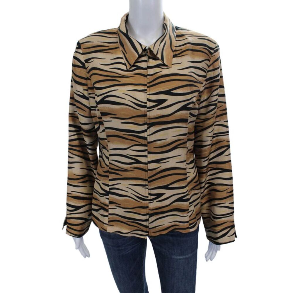 Silk Land Women Beige Silk Animal Print Collared Long Sleeve Blouse Size 10